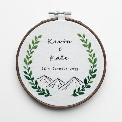 Personalised Name Mountains Leaf Wreath Embroidery..