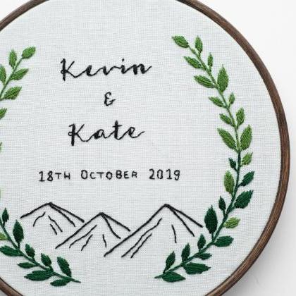 Personalised Name Mountains Leaf Wreath Embroidery..