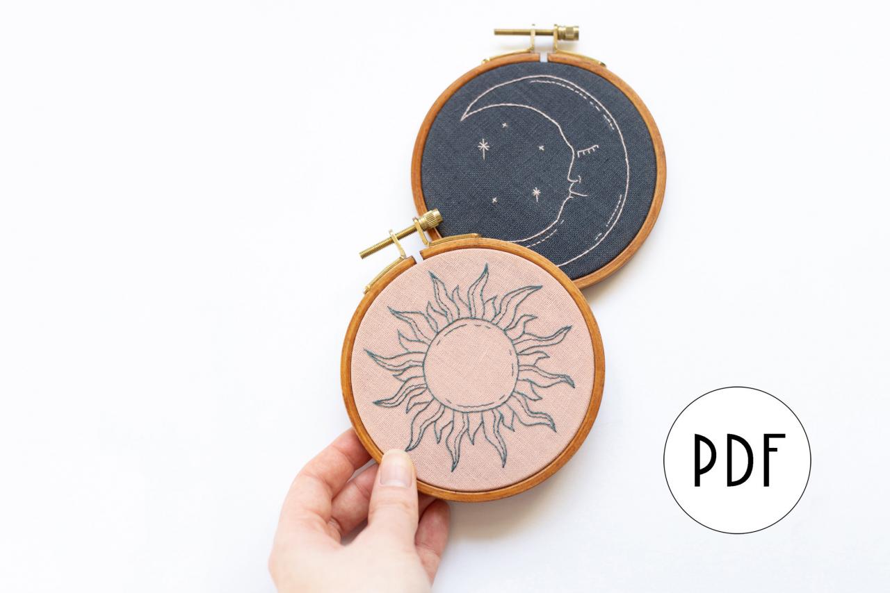 Bundle | Celestial Sun & Moon Pdf Embroidery Pattern Tutorial | Digital Downloadable Diy Pattern For Beginners