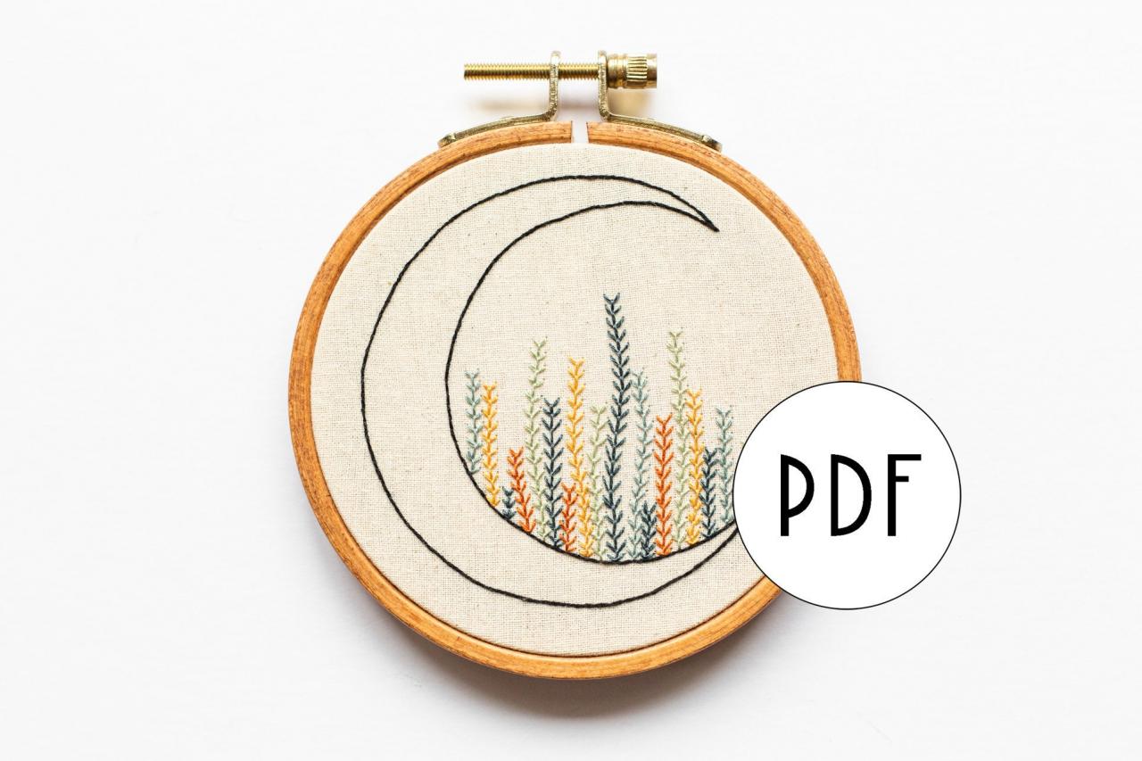 Luna Garden Floral Moon Pdf Embroidery Pattern Tutorial | Digital Download Diy Pattern For Beginners