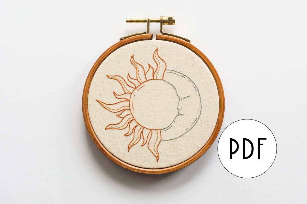 Celestial Sun & Moon Pdf Embroidery Pattern Tutorial | Digital Downloadable Diy Pattern For Beginners