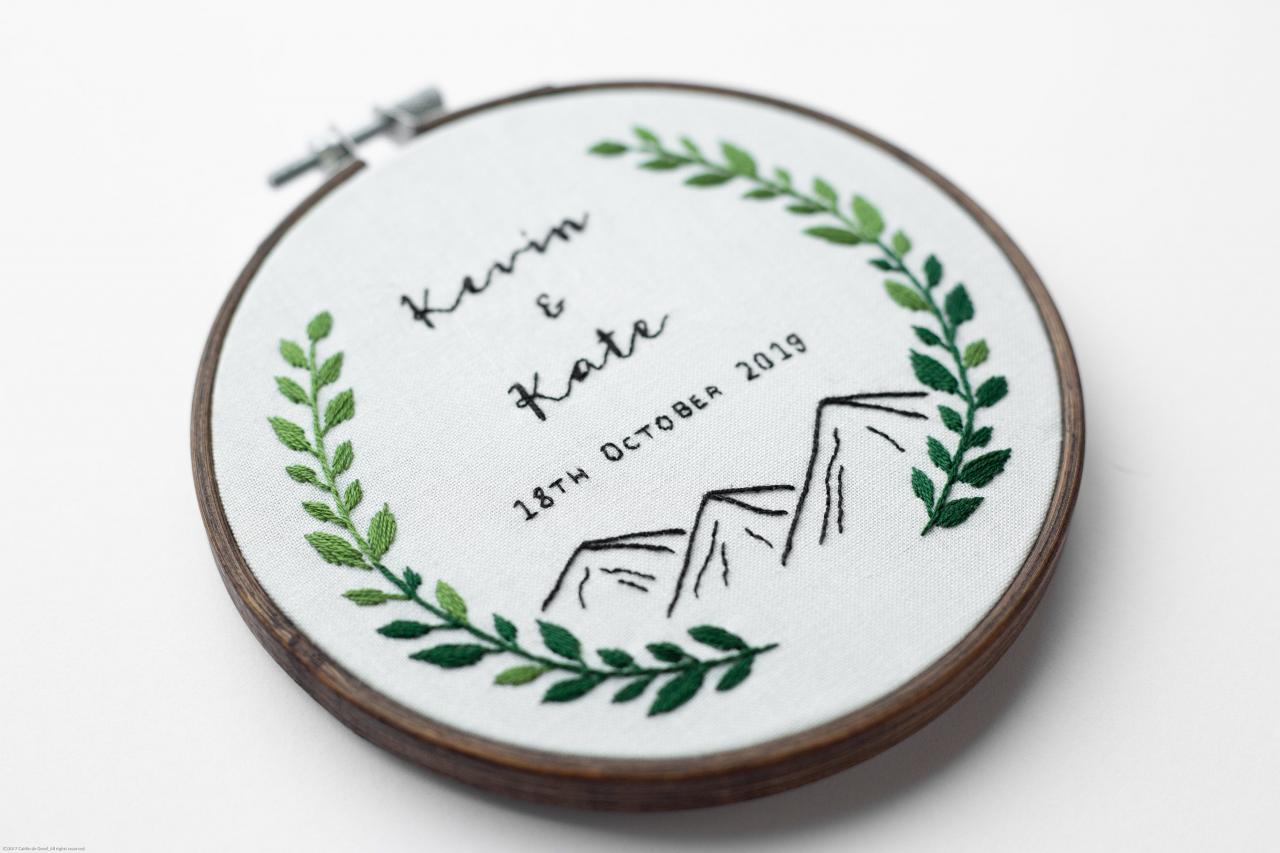 Personalised Name Mountains Leaf Wreath Embroidery Hoop | Wedding Couple Anniversary Engagement Handmade Home Decor Christmas Unique Gift
