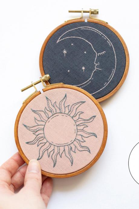 Bundle | Celestial Sun & Moon PDF Embroidery Pattern Tutorial | Digital Downloadable DIY Pattern For Beginners